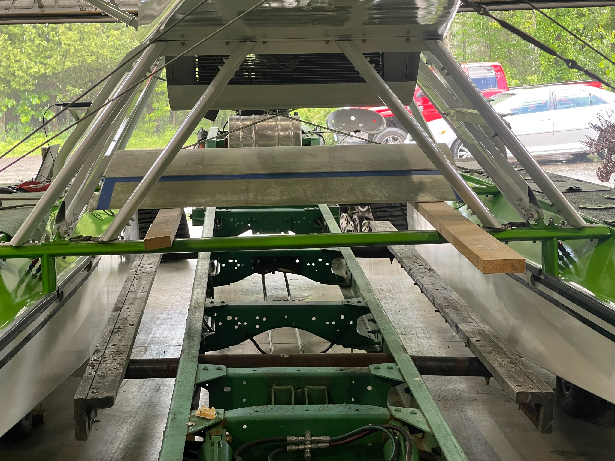 Auxiliary tank prototype viewed between the float supports during a fit check