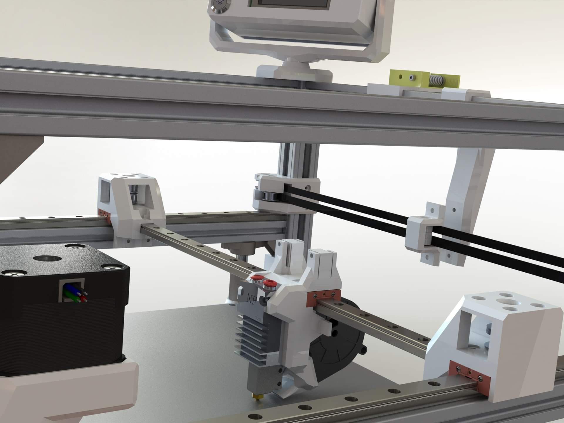 Detailed CAD rendering of the CoreXY motion system and print head