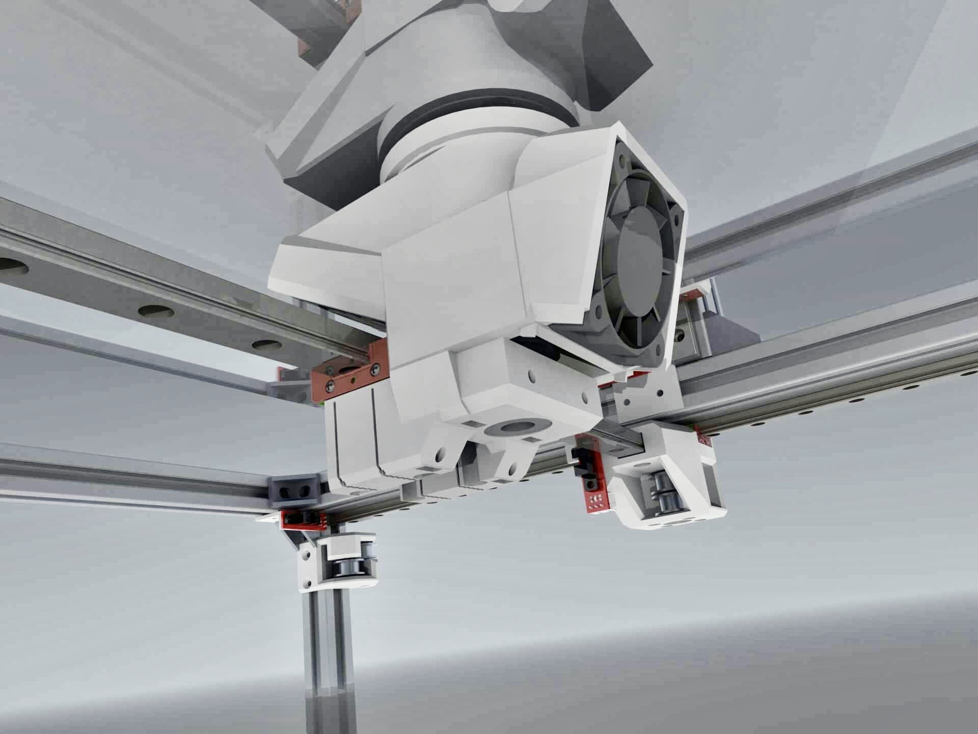 CAD close-up of the custom CoreXY print-head assembly