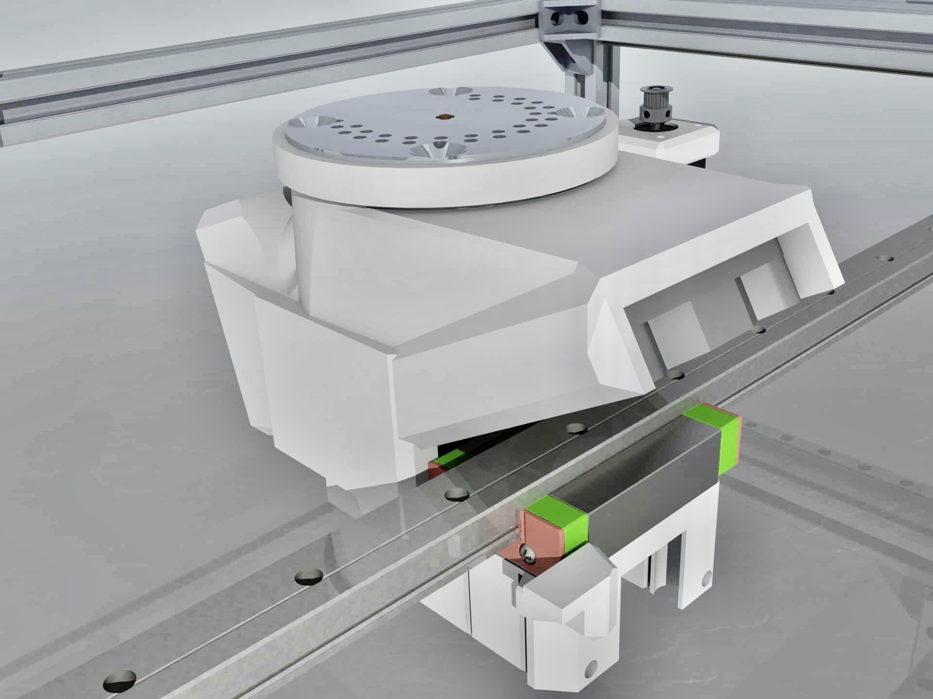 CAD close-up of a custom belt-driven CoreXY carriage
