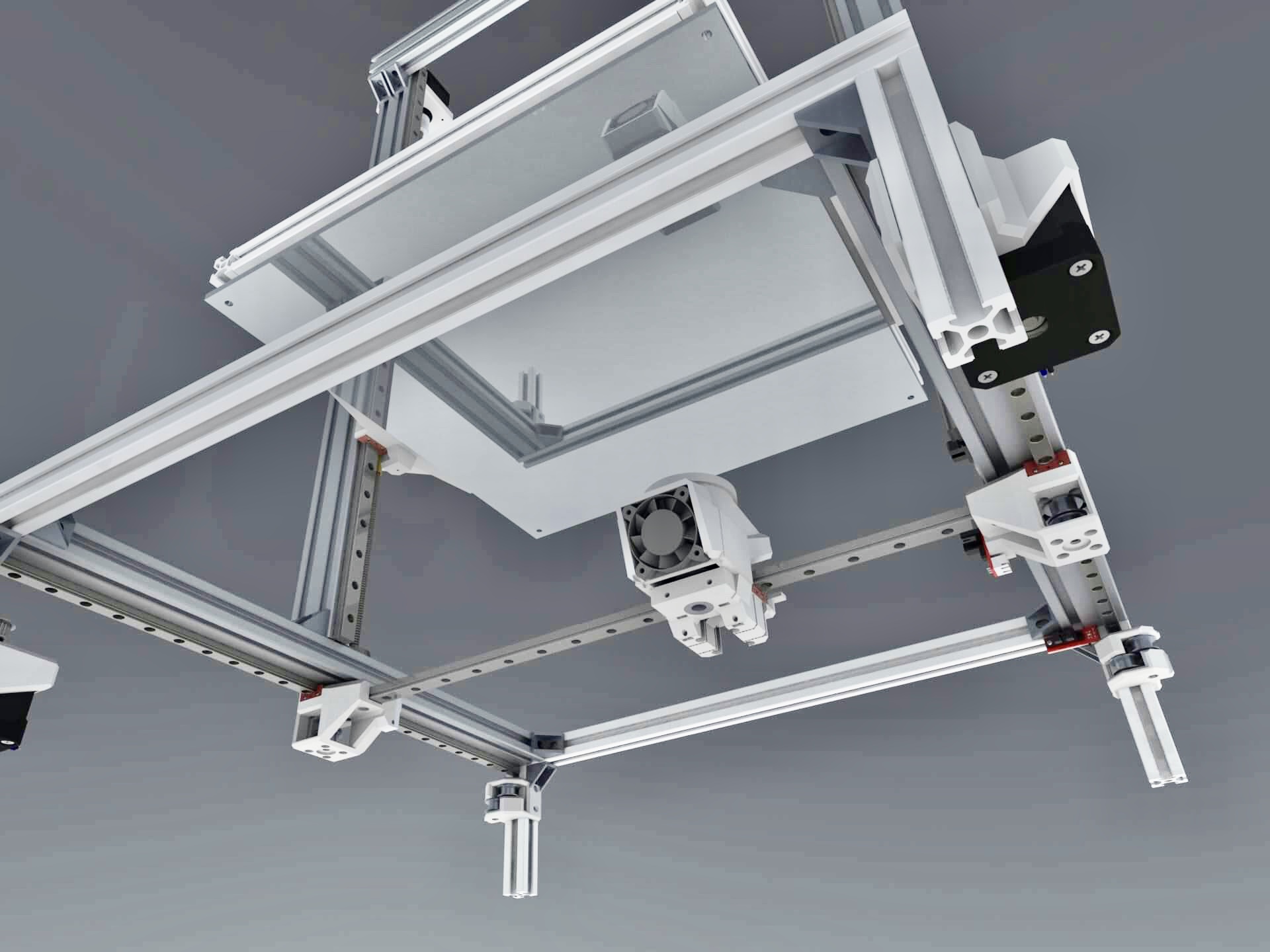 CAD rendering from beneath the inverted CoreXY 3D printer