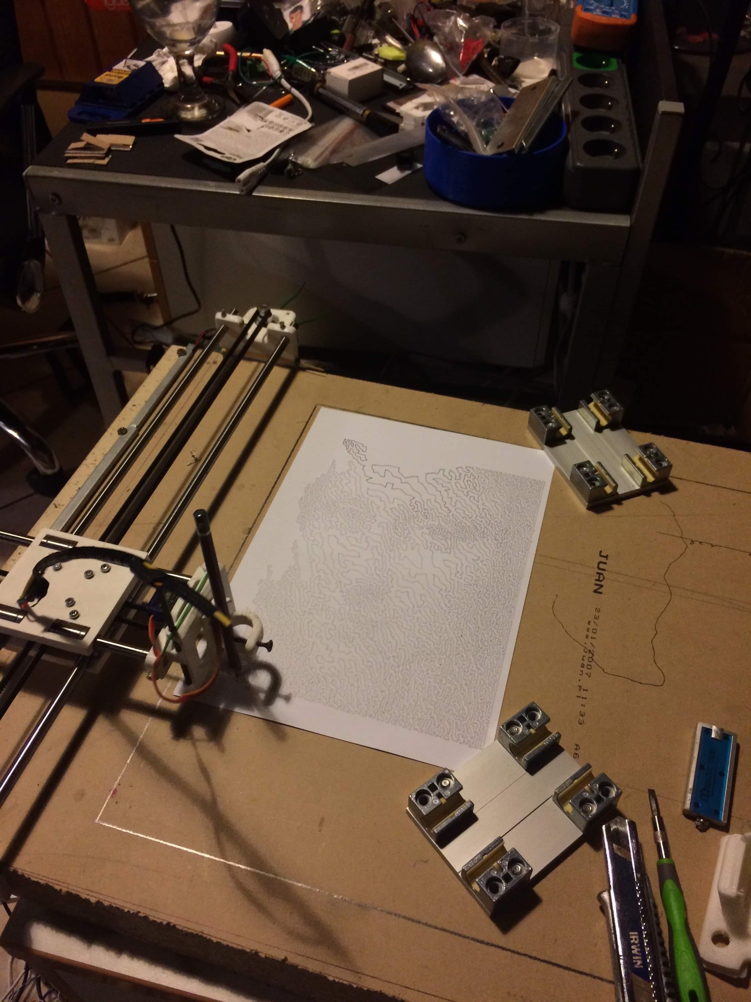 CoreXY pen plotter assembled on a workbench