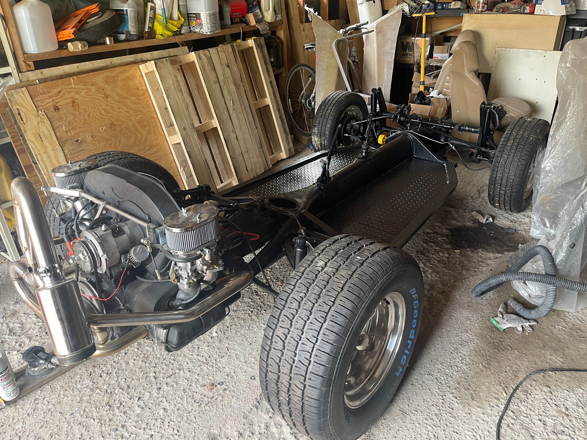 Restored Volkswagen chassis, engine, suspension, and wheels before the body was installed